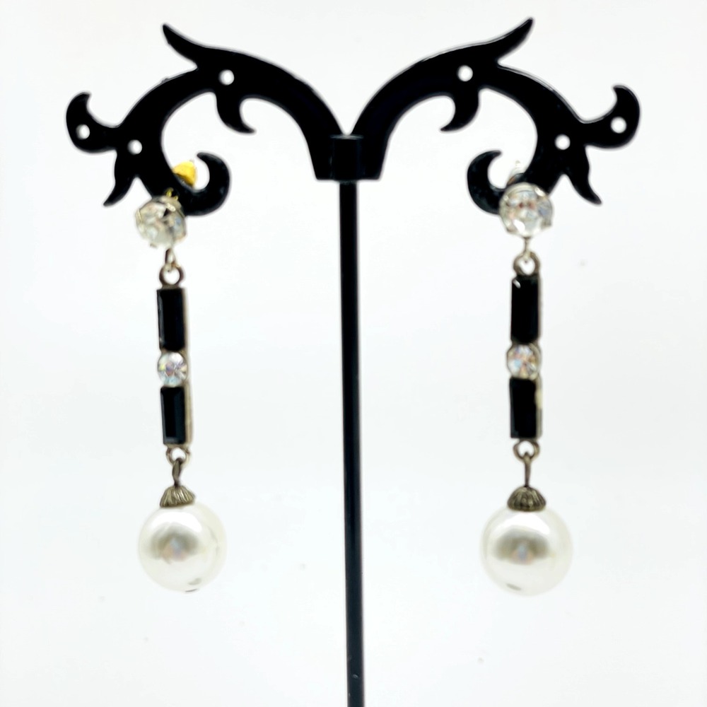 Black Bar Dangle Pierced Earrings Faux Pearl Rhinestone Silver Tone Statement